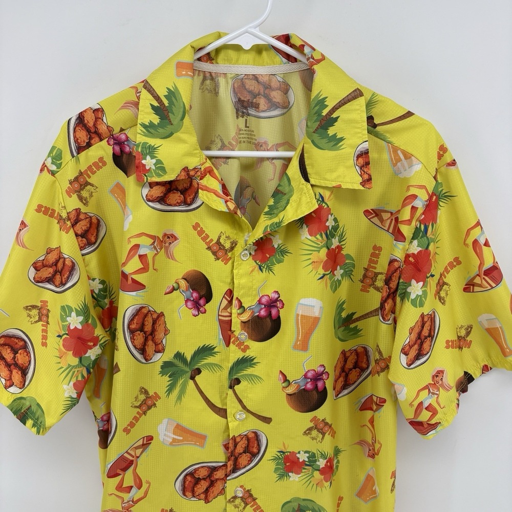 Rare Hooters Hawaiian Button Shirt Upf 50 Moisture Wicking Tech Tropical Men L - Picture 2 of 9